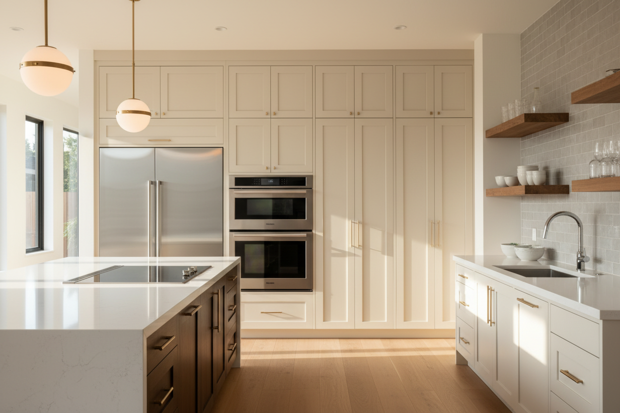 Upscale kitchen with integrated refrigerator and wall oven