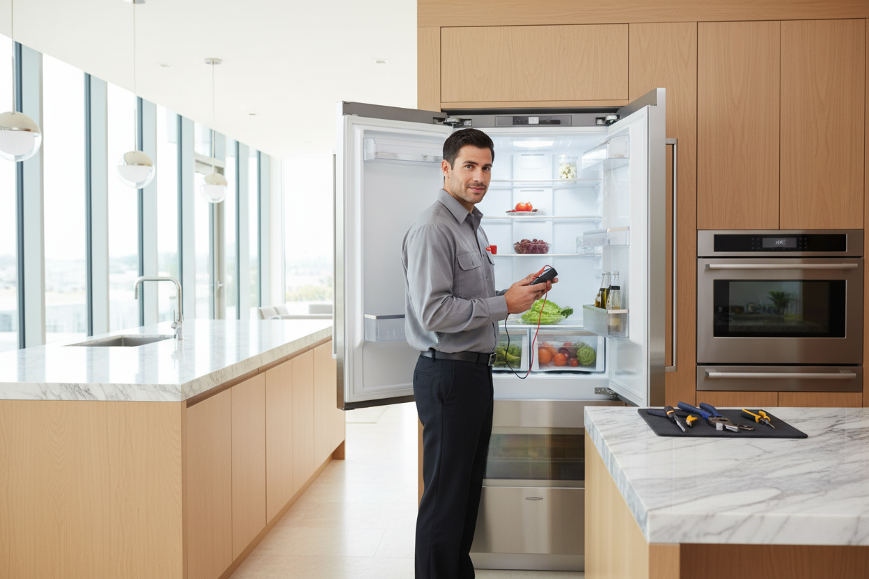 Professional appliance repair technician inspecting a built-in refrigerator
